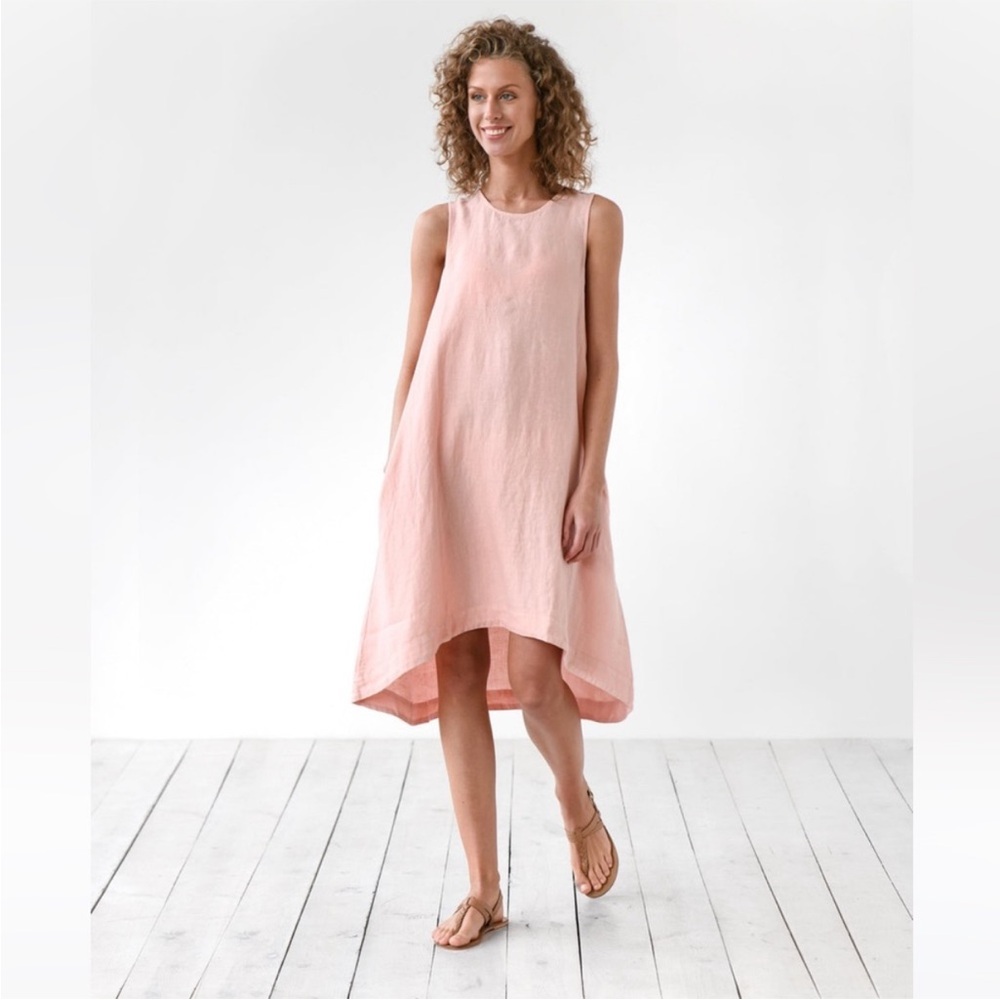 Magic Linen Royal Toscana Asymmetrical Sleeveless Pink Oversized Dress Pockets S - Picture 2 of 10